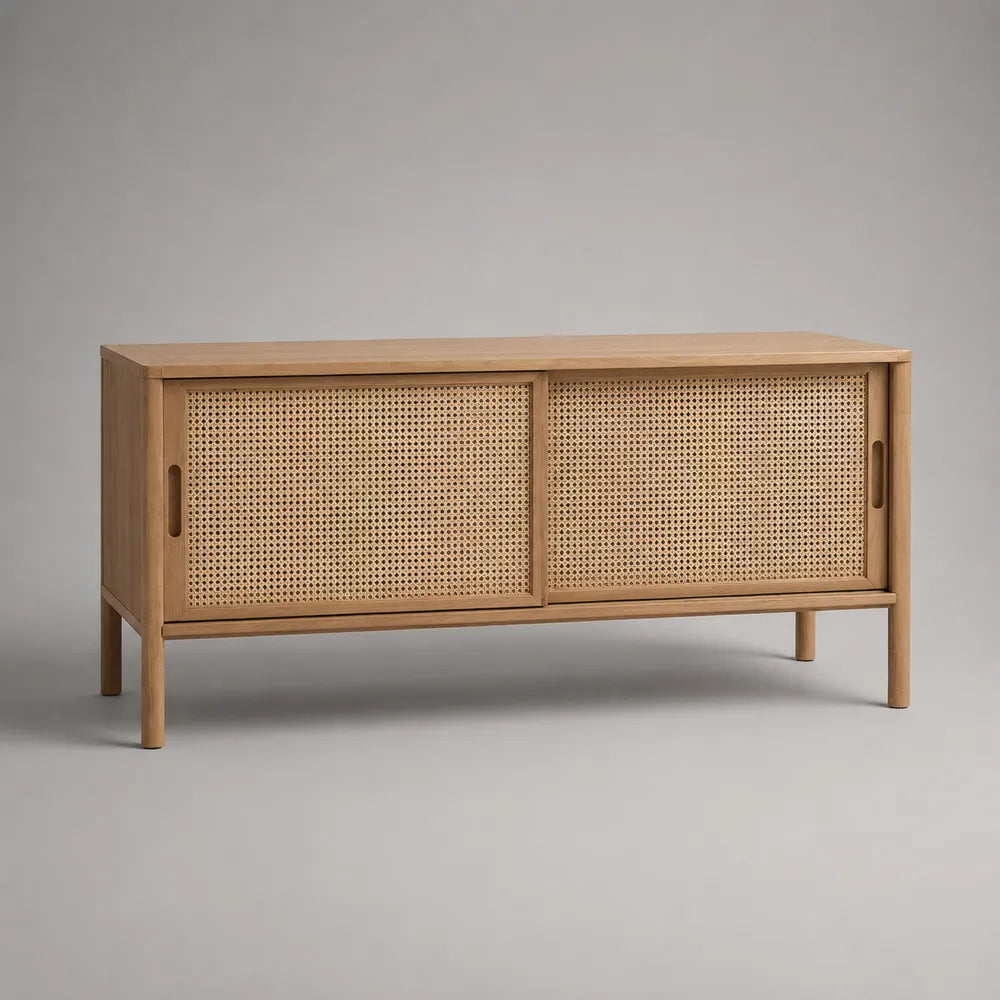Credenza rettangolare in MDF effetto rovere con ante scorrevoli in rattan e gambe in legno 160 x 40 x 70 cm
