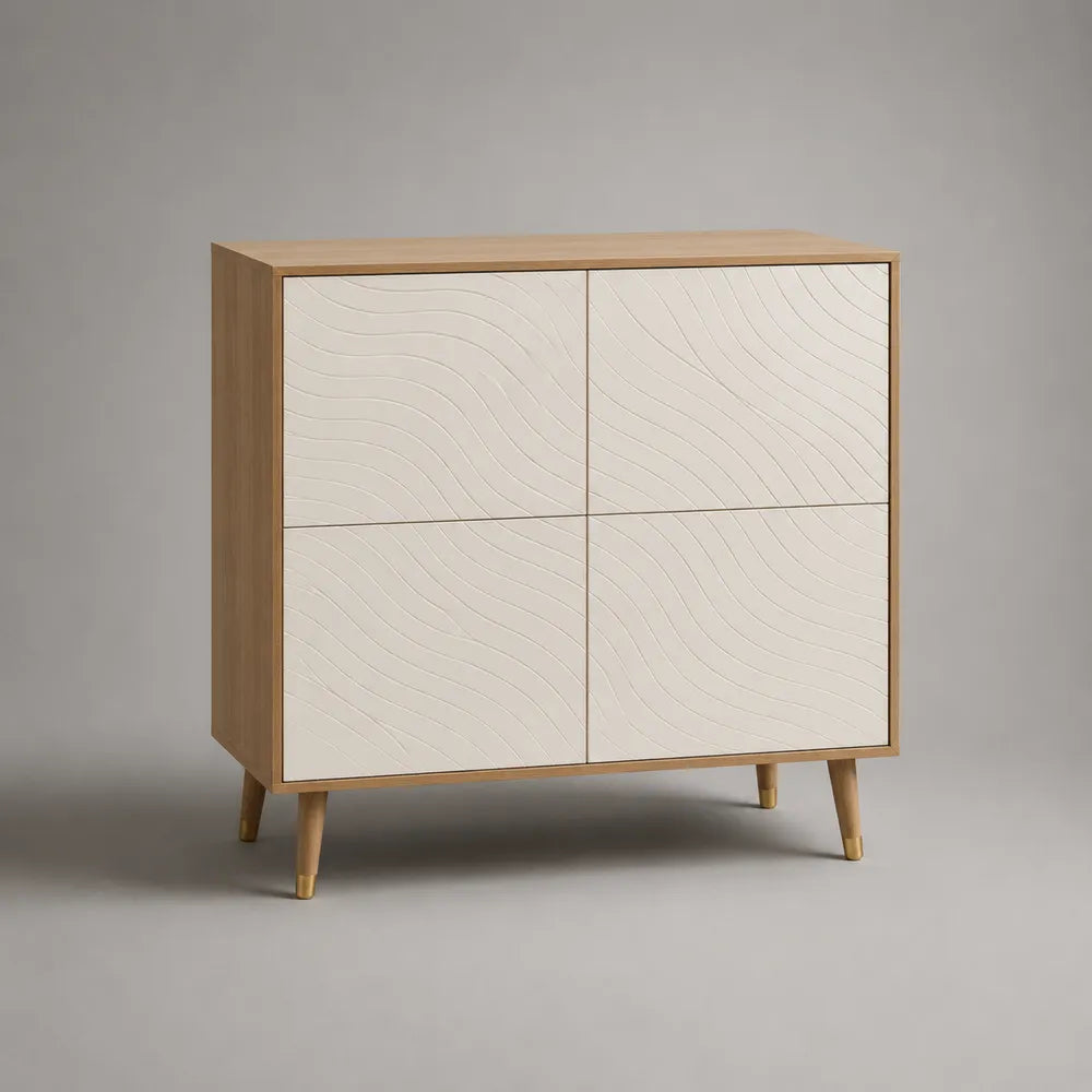 Credenza da sala da pranzo in MDF rovere chiaro e bianco con ante decorate gambe dorate 140x40x85 cm