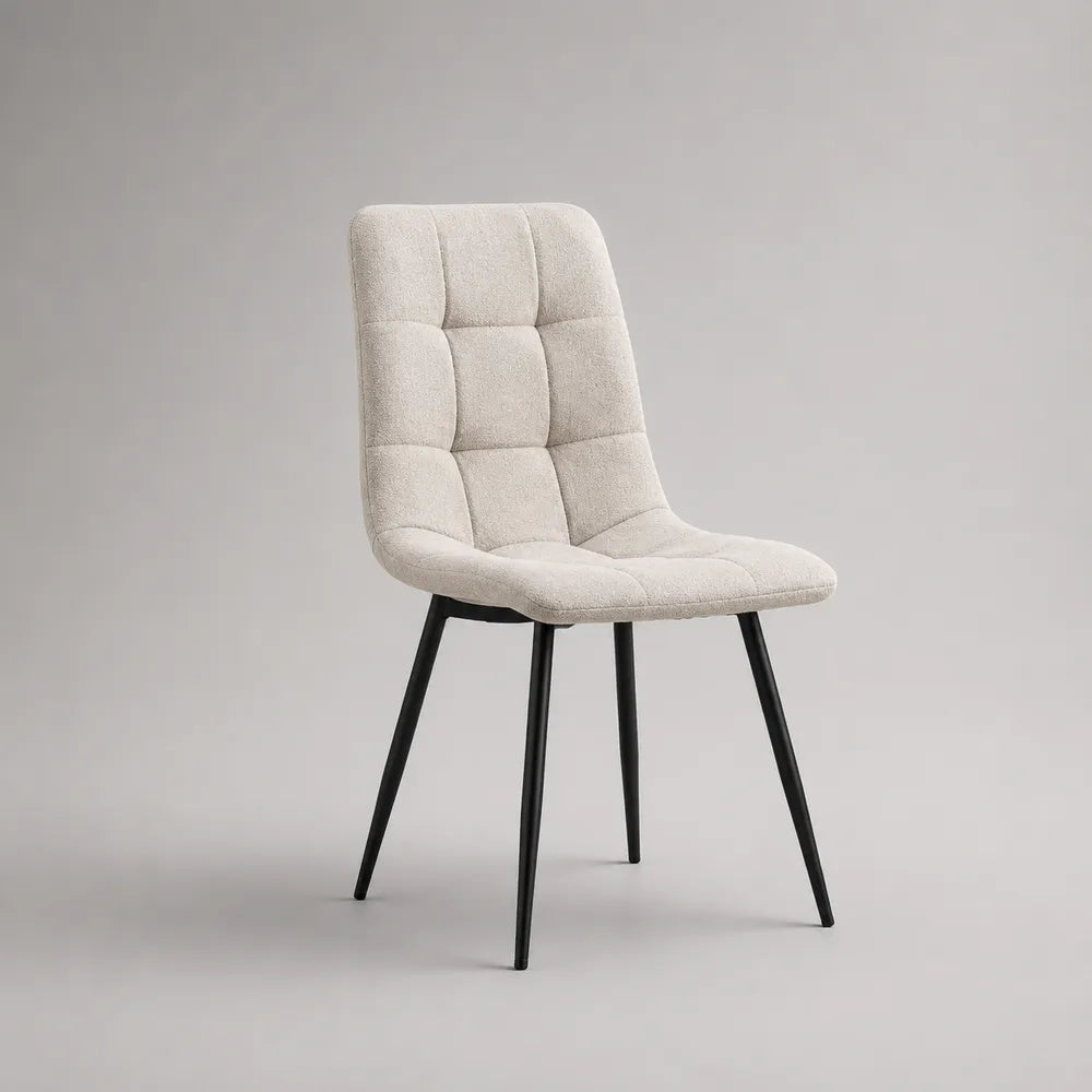 Sedia da pranzo imbottita con schienale trapuntato in tessuto beige e gambe in acciaio nero 50x55x85 cm