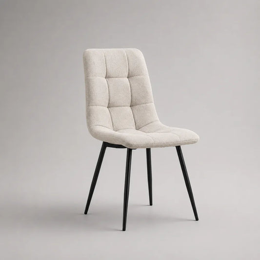 Sedia da pranzo imbottita con schienale trapuntato in tessuto beige e gambe in acciaio nero 50x55x85 cm