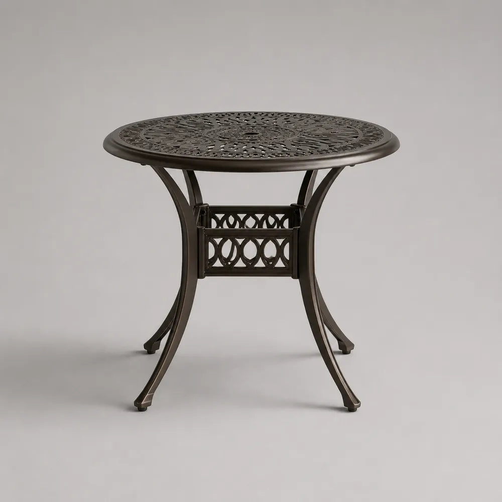 Tavolo da giardino rotondo in alluminio verniciato marrone con piano traforato 90x90x75 cm