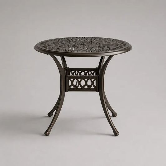 Tavolo da giardino rotondo in alluminio verniciato marrone con piano traforato 90x90x75 cm