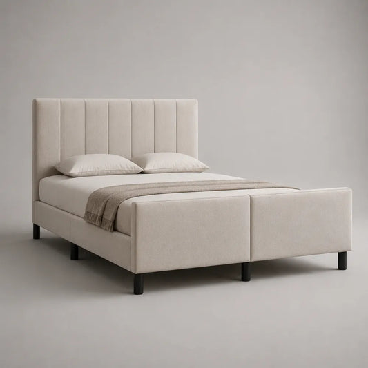 Letto matrimoniale imbottito con testiera verticale in tessuto poliestere beige 160 x 200 cm