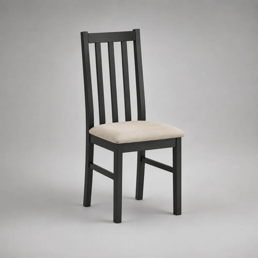 Sedia da pranzo con struttura in legno nero seduta imbottita in tessuto beige schienale alto rettangolare 45x52x95 cm
