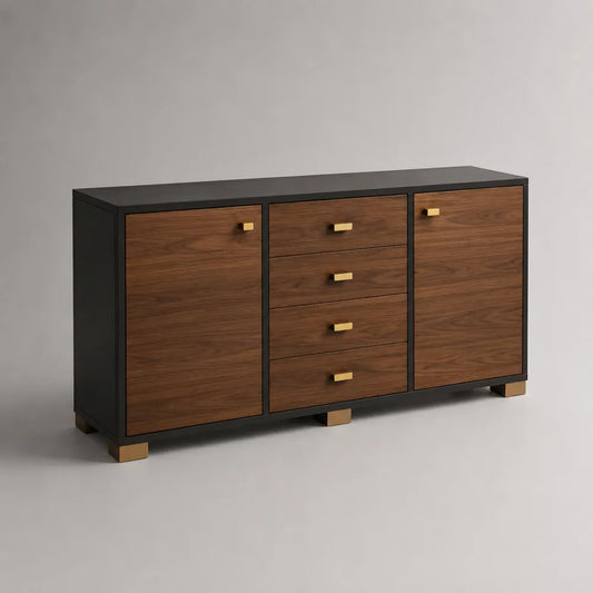 Credenza da soggiorno con ante e cassetti in MDF effetto noce con struttura nera 180x40x80 cm