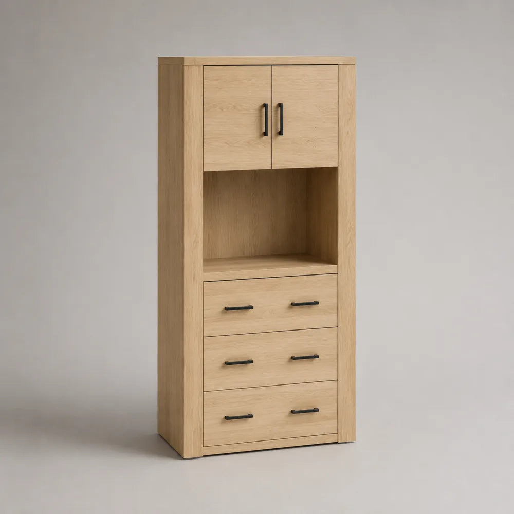 Credenza alta in MDF effetto rovere chiaro con ante cassetti e vano aperto 90x40x180 cm forma rettangolare