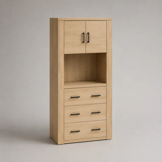 Credenza alta in MDF effetto rovere chiaro con ante cassetti e vano aperto 90x40x180 cm forma rettangolare