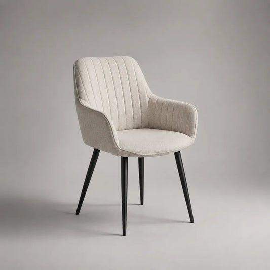 Poltrona da pranzo imbottita con braccioli in tessuto poliestere beige e struttura in acciaio nero 60x60x85 cm