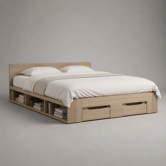 Letto matrimoniale contenitore rettangolare 160x200 cm in MDF effetto rovere chiaro con cassetti e ripiani laterali