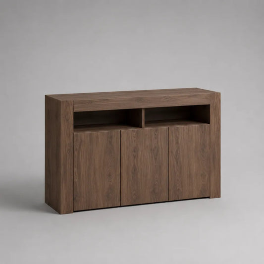 Credenza da sala con 3 ante e ripiani aperti in MDF effetto noce 160 x 40 x 85 cm