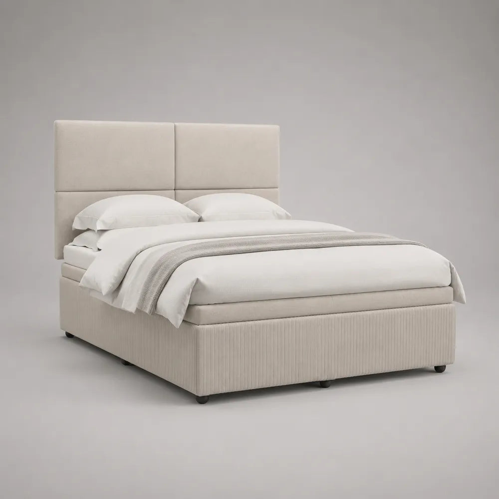 Letto matrimoniale imbottito in tessuto poliestere beige 160 x 200 cm con testiera a pannelli e struttura rettangolare