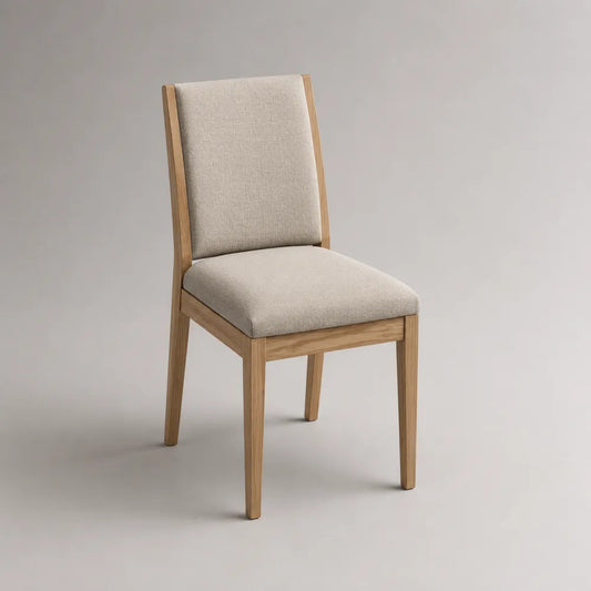 Sedia da pranzo imbottita in tessuto beige struttura in legno di rovere naturale schienale rettangolare 46x54x90 cm