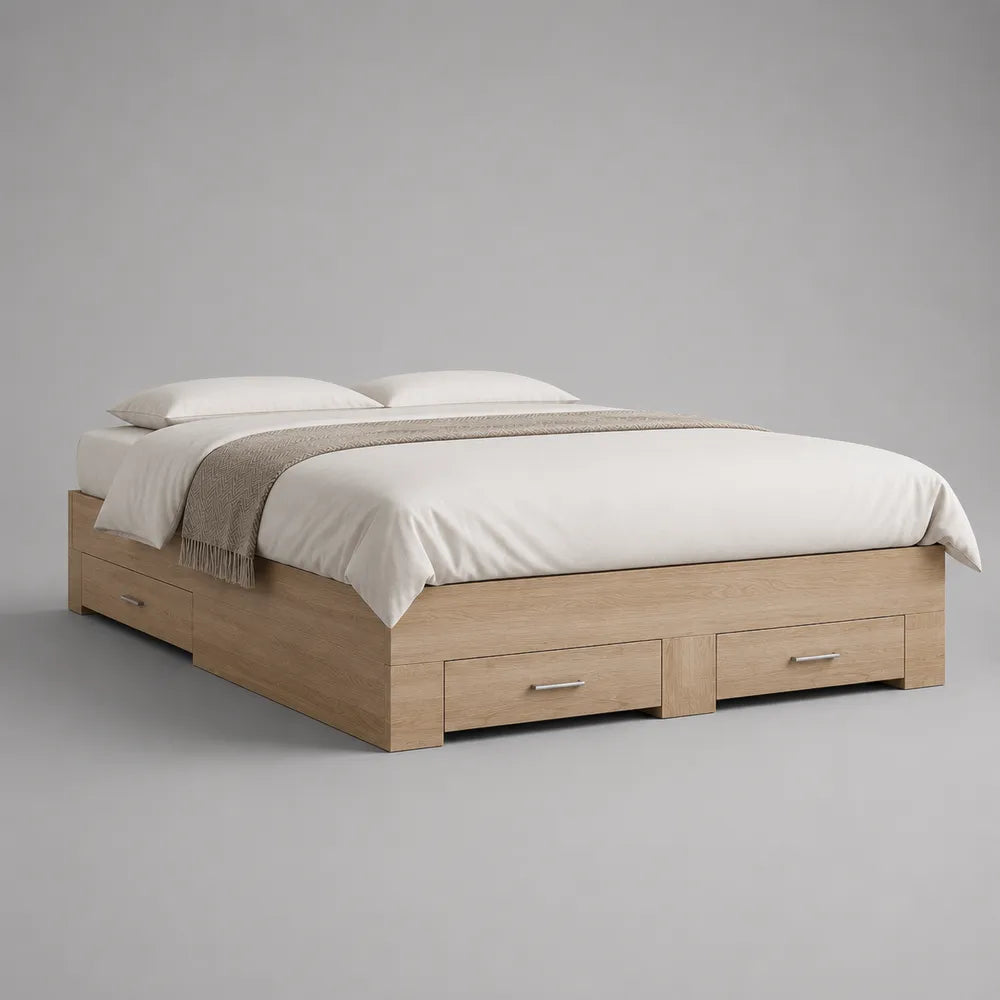 Letto matrimoniale contenitore in MDF effetto rovere chiaro 160x200 cm con cassetti struttura rettangolare
