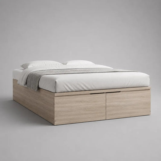 Letto matrimoniale contenitore in MDF effetto legno naturale 160 x 200 cm con cassetti frontali struttura rettangolare