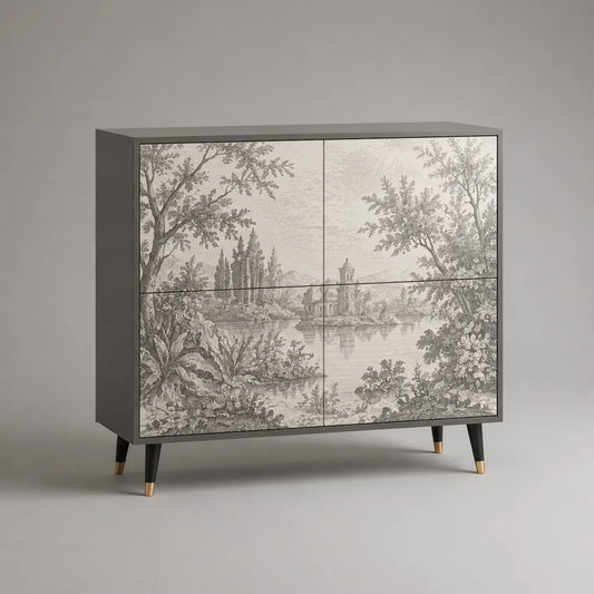 Credenza da sala da pranzo in MDF grigio con ante decorate stampa paesaggio gambe in acciaio nero e oro 160x40x85 cm