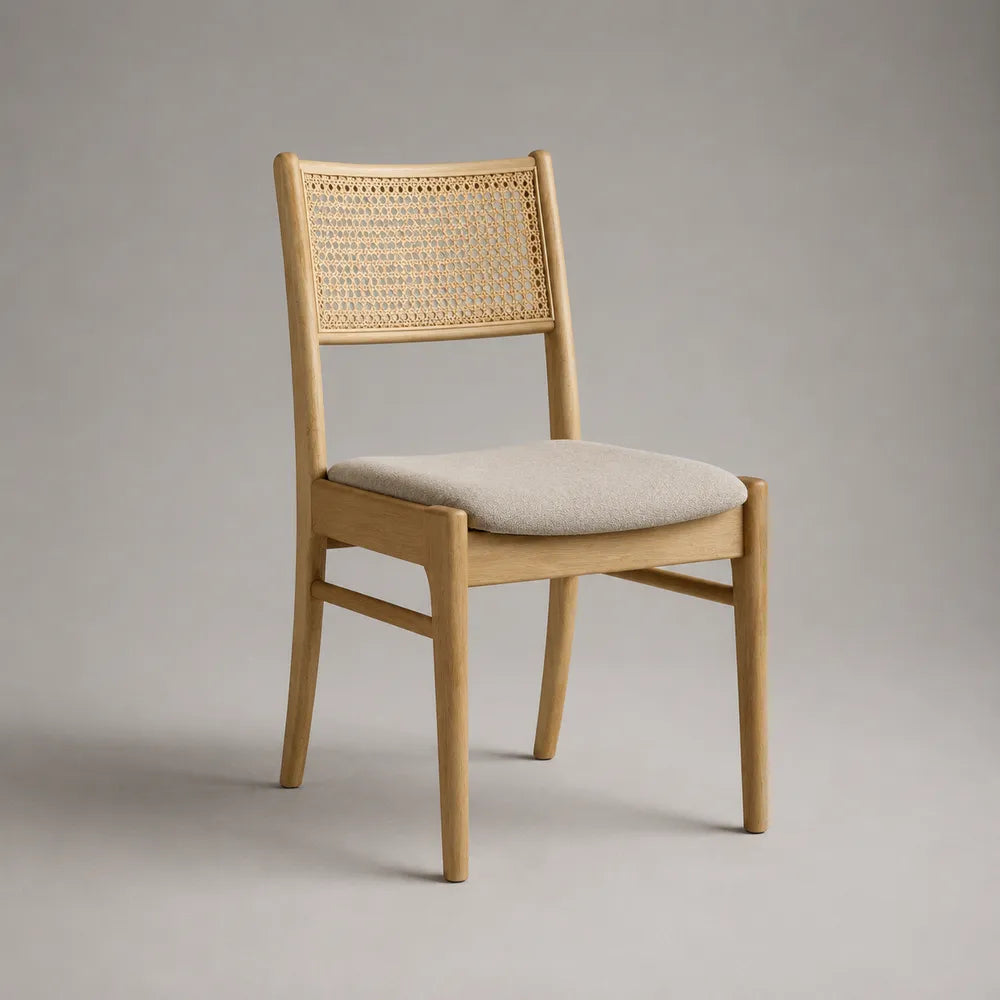 Sedia da pranzo in legno naturale con schienale intrecciato e seduta imbottita in tessuto beige 52x58x82 cm