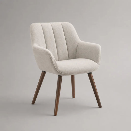 Poltrona da pranzo imbottita con braccioli in tessuto bouclé beige gambe in legno marrone 62x60x82 cm